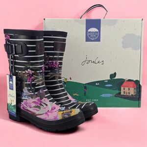 New Joules Rain Boots Mid Calf Molly Welly Navy Stripes Flowers Size US: 6 UK: 4